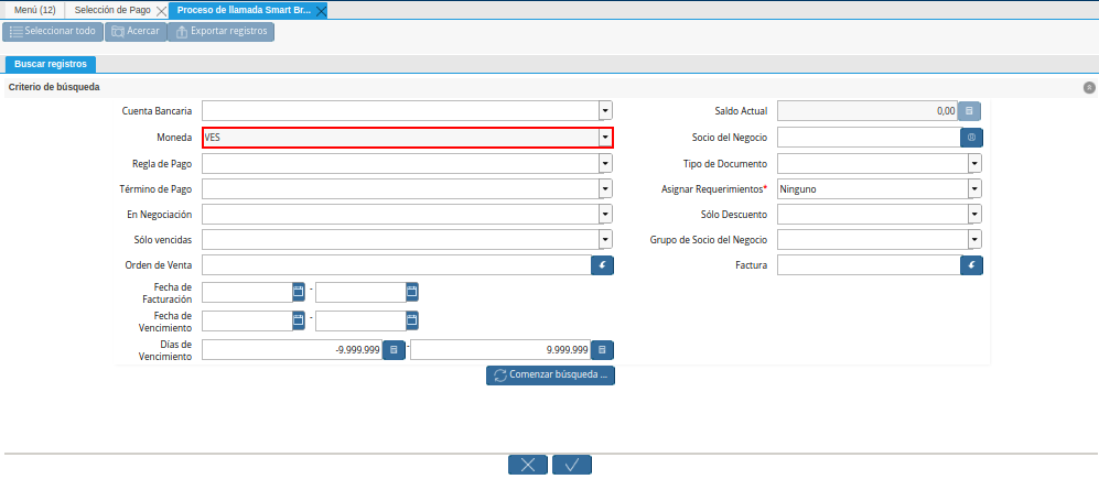 Campo Moneda de la Ventana de Búsqueda Inteligente del Proceso Crear Desde Factura