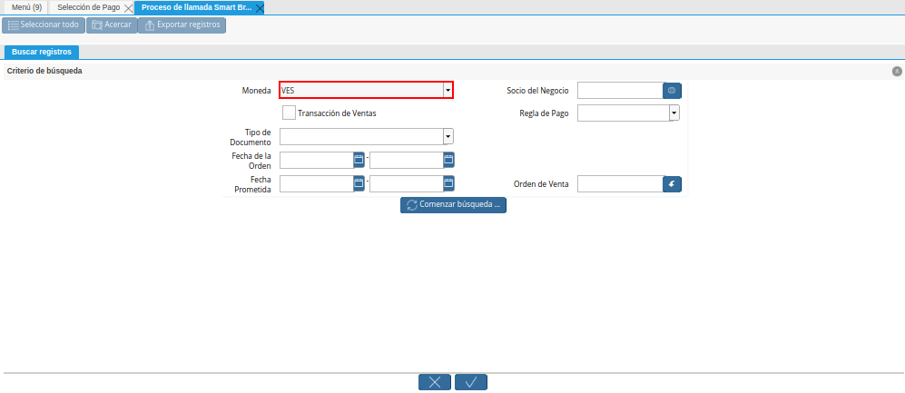 Campo Moneda de la Ventana de Búsqueda Inteligente del Proceso Crear Desde Orden