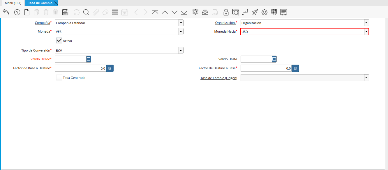 campo moneda hacia de la tasa de cambio