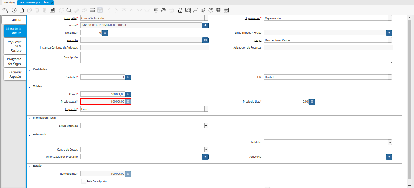 Campo Precio Actual de la Nota de Crédito de CxC