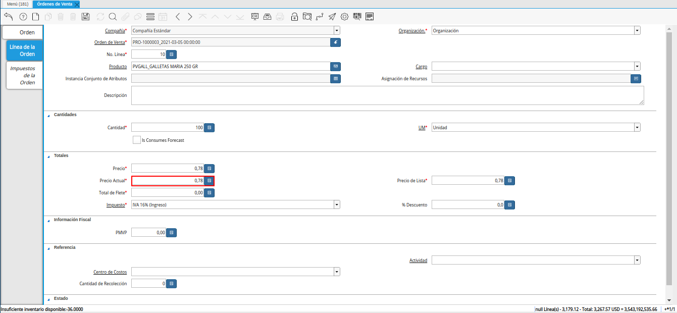 campo precio actual de la pestaña línea de la orden de la ventana órdenes de venta