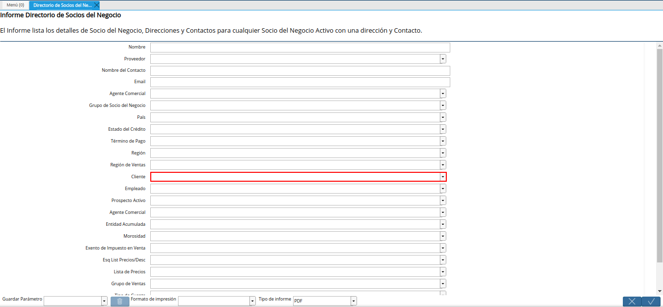 campo cliente del reporte directorio de socios del negocio