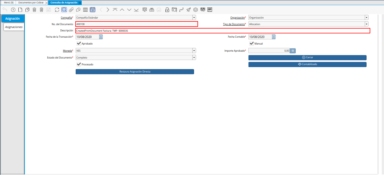 Registro de Asignación de Nota de Crédito de CxC