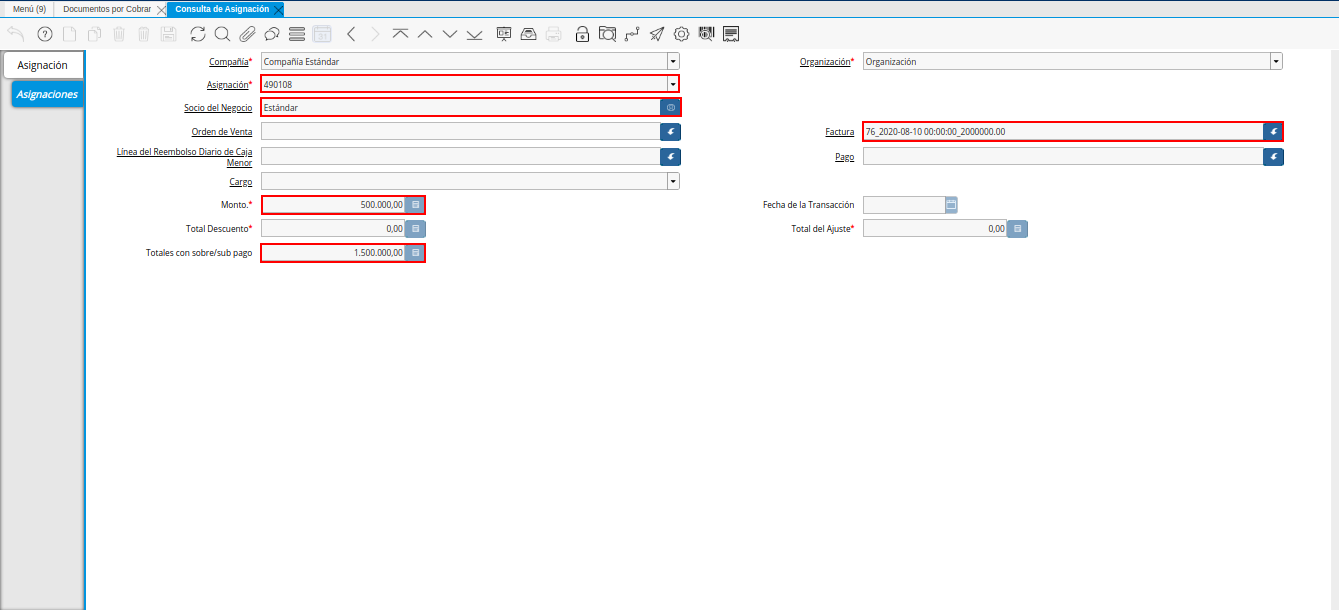 Pestaña Asignaciones de la Nota de Crédito de CxC