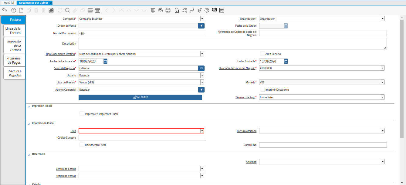 Campo Lista de la Nota de Crédito de CxC
