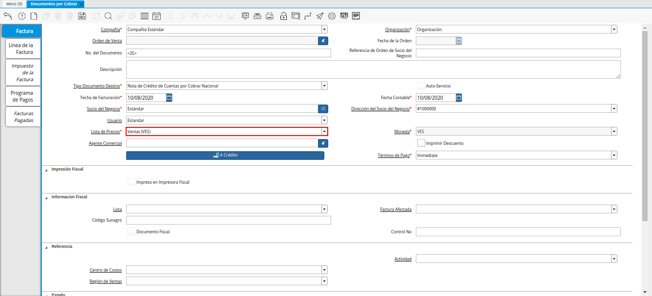 Campo Lista de Precios de la Nota de Crédito de CxC