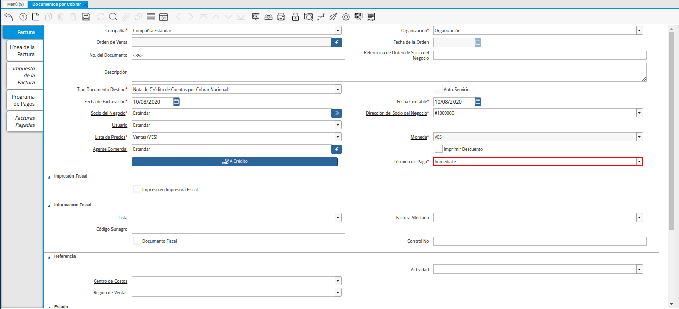Campo Término de Pago de la Nota de Crédito de CxC