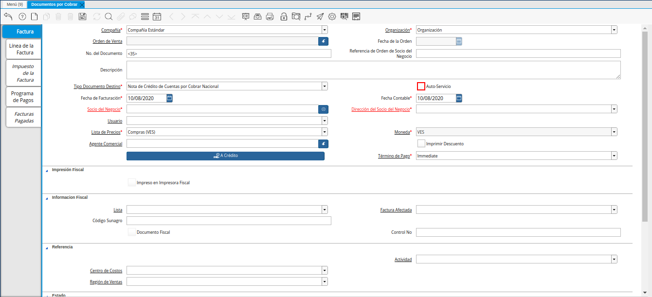 Checklist Auto Servicio de la Nota de Crédito de CxC