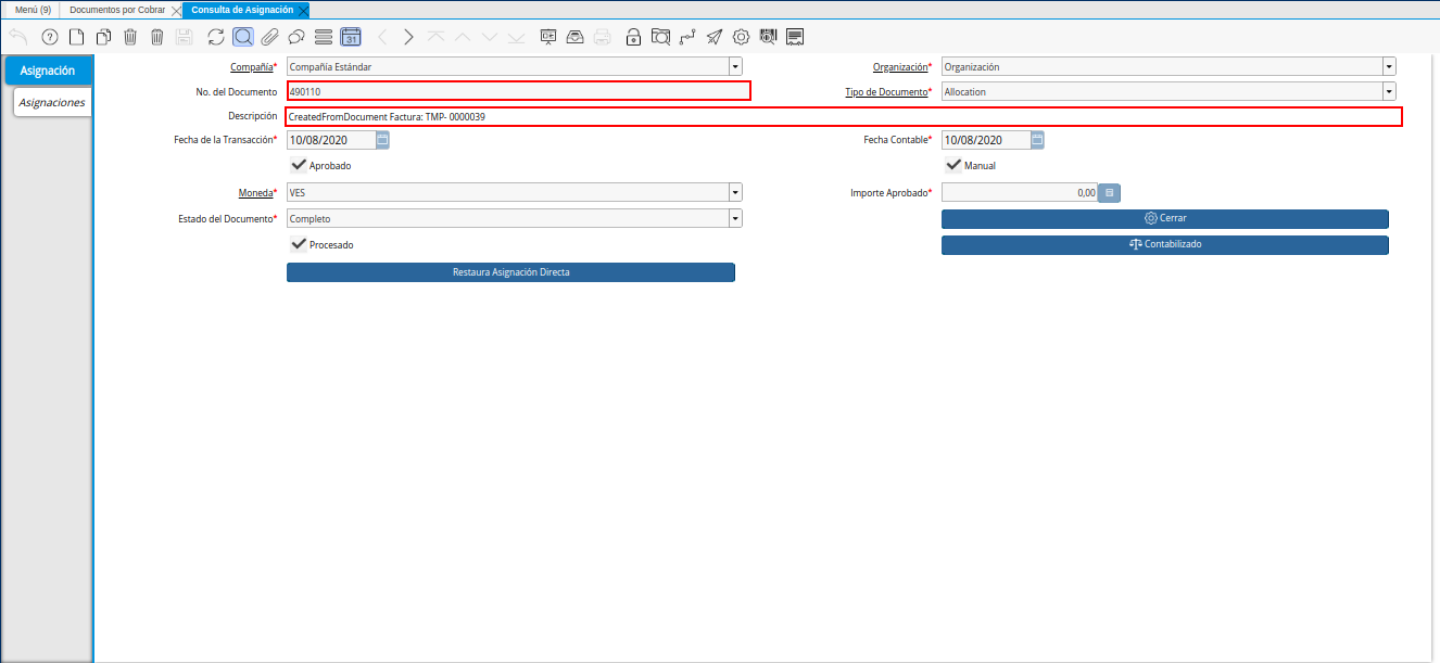 Registro de Asignación de Nota de Débito de CxC