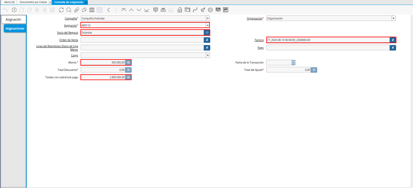 Pestaña Asignaciones de la Nota de Débito de CxC