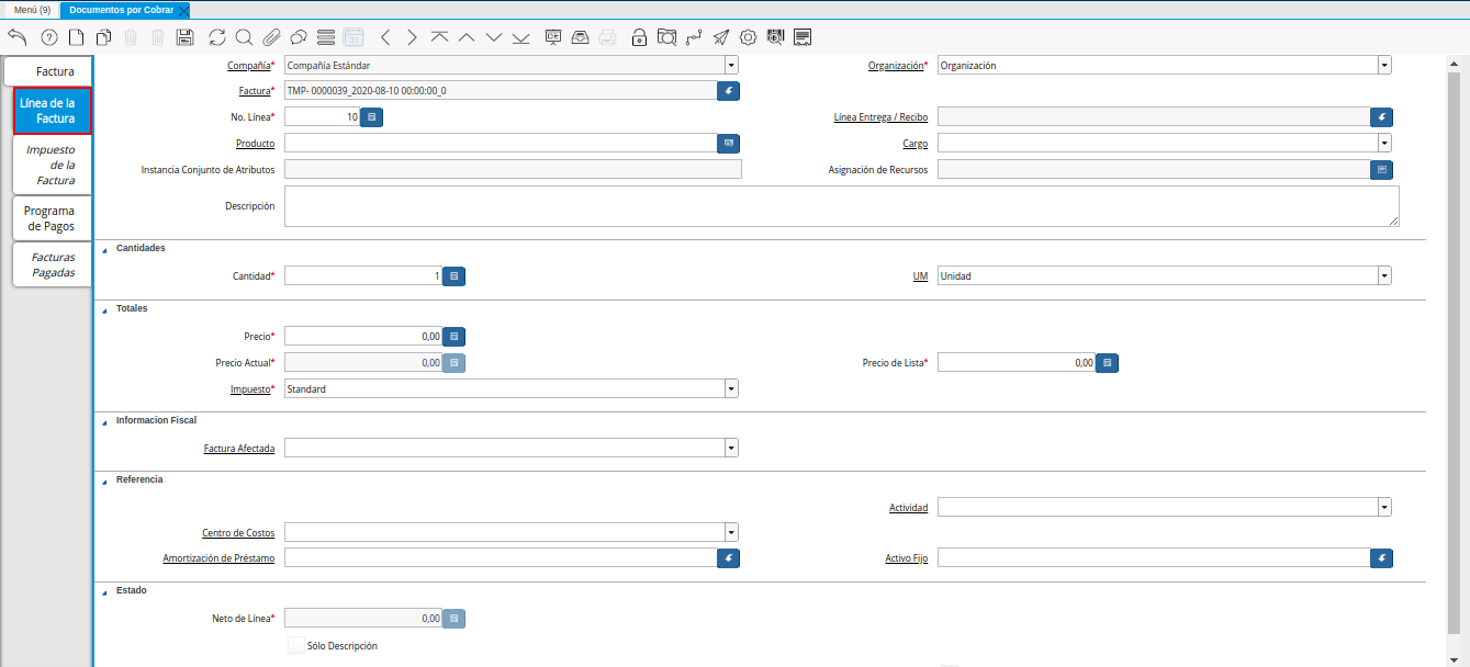 Pestaña Línea de la Factura de la Nota de Débito de CxC