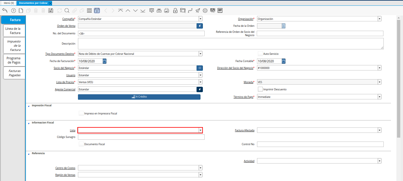 Campo Lista de la Nota de Débito de CxC