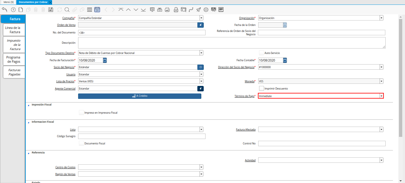 Campo Término de Pago de la Nota de Débito de CxC