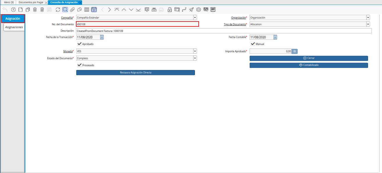 Registro de Asignación de Nota de Crédito de CxP