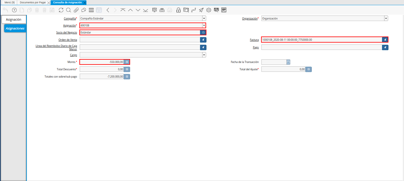 Pestaña Asignaciones de Nota de Crédito de CxP
