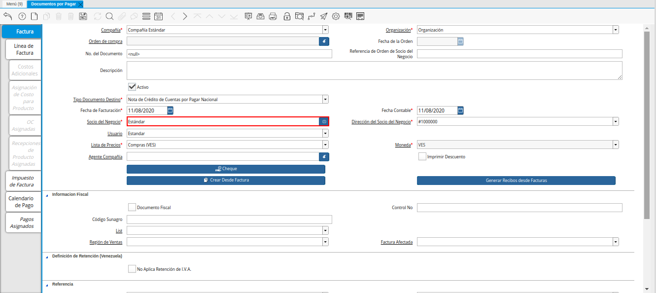 Campo Socio del Negocio de la Nota de Crédito de CxP