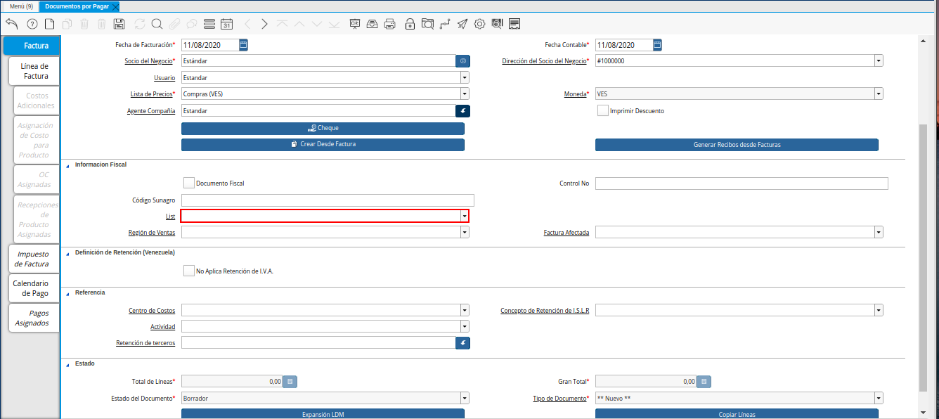 Campo Lista de la Nota de Crédito de CxP