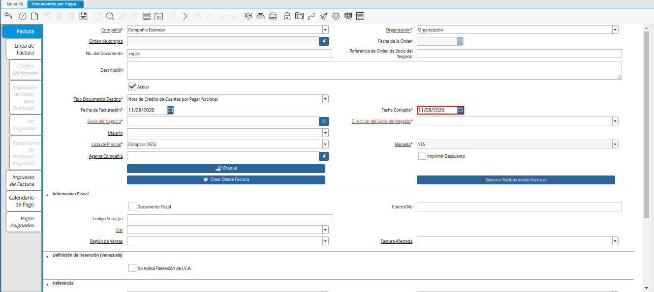 Campo Fecha Contable de la Nota de Crédito de CxP