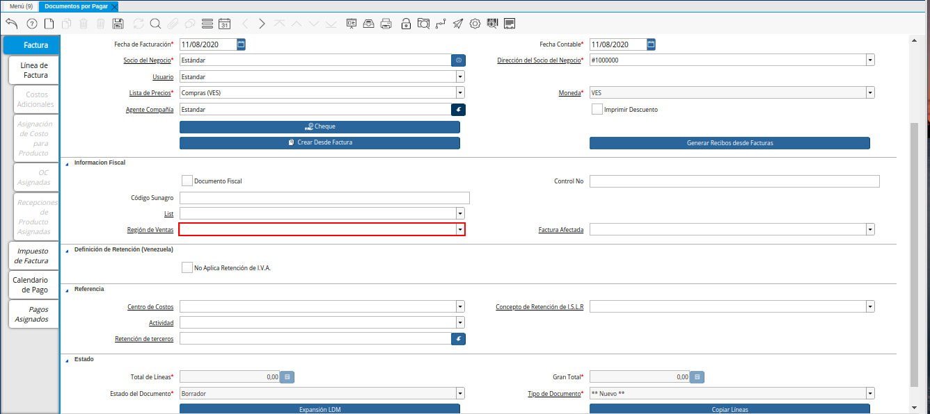 Campo Región de Ventas de la Nota de Crédito de CxP
