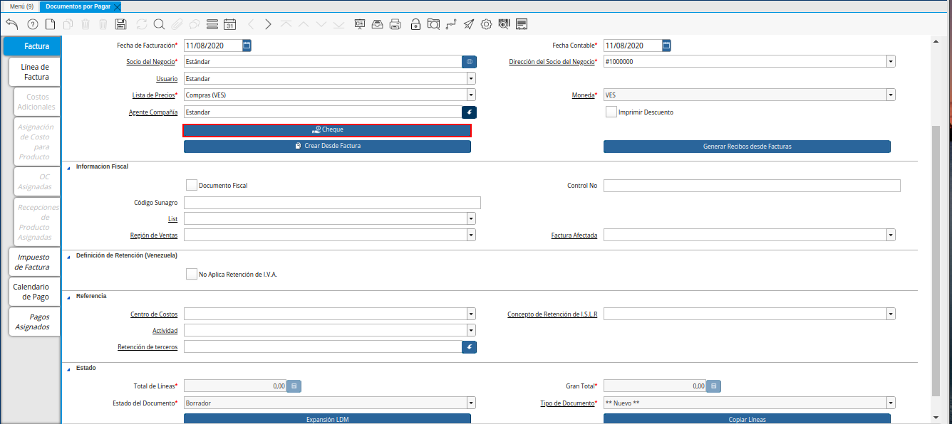 Opción Cheque de la Nota de Crédito de CxP