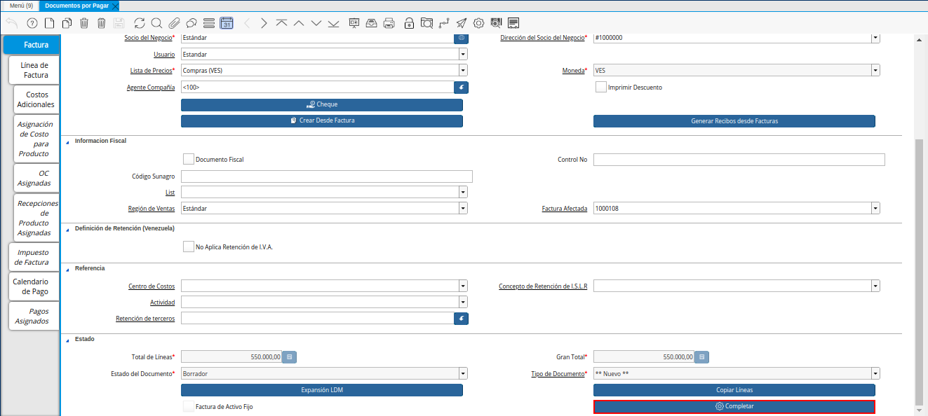 Opción Completar de la Nota de Crédito de CxP