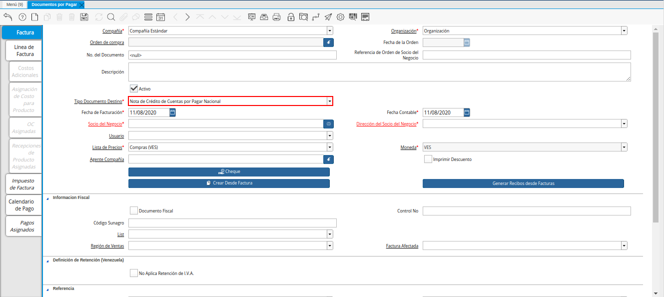 Campo Tipo de Documento Destino de la Nota de Crédito de CxP