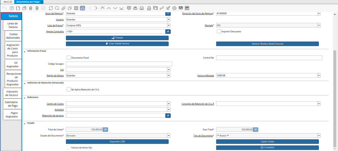 Pestaña Principal Factura de la Nota de Crédito de CxP