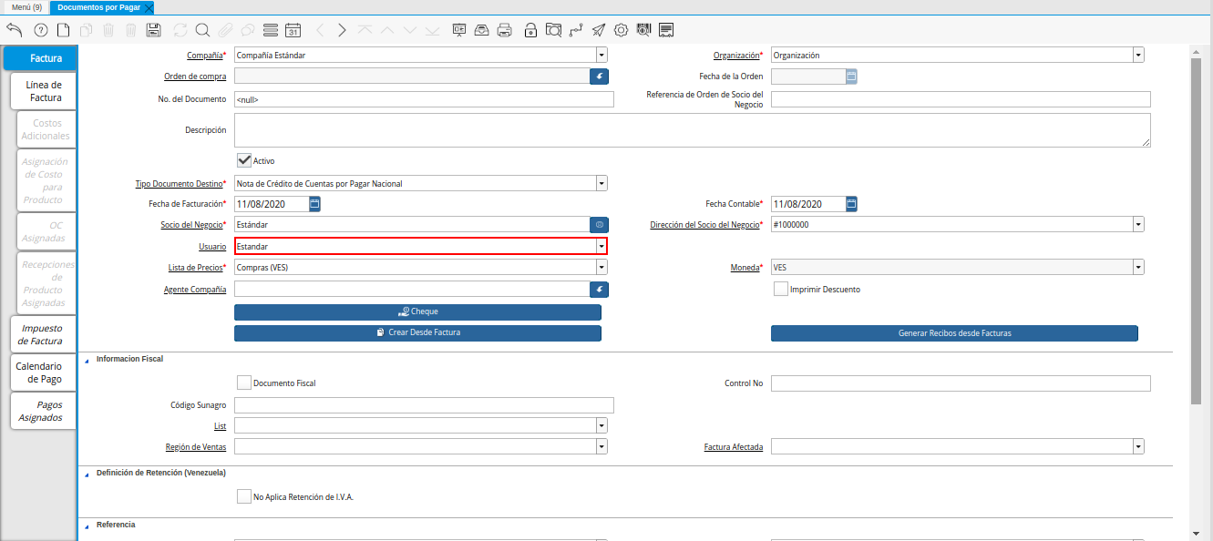 Campo Usuario de la Nota de Crédito de CxP