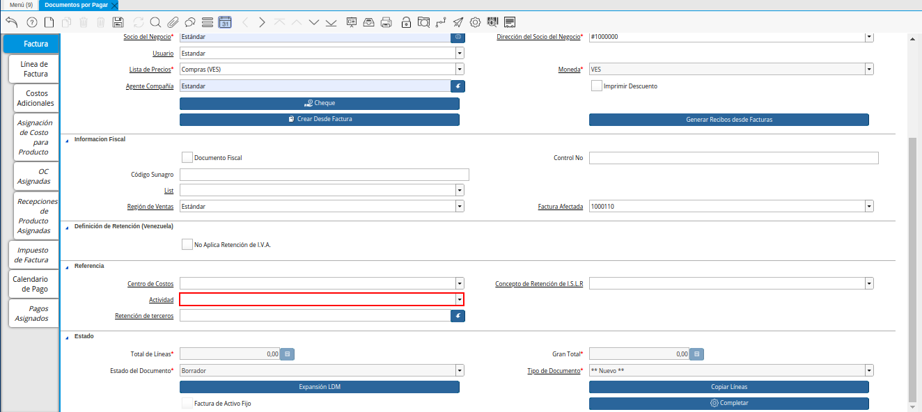 Campo Actividad de la Nota de Débito de CxP