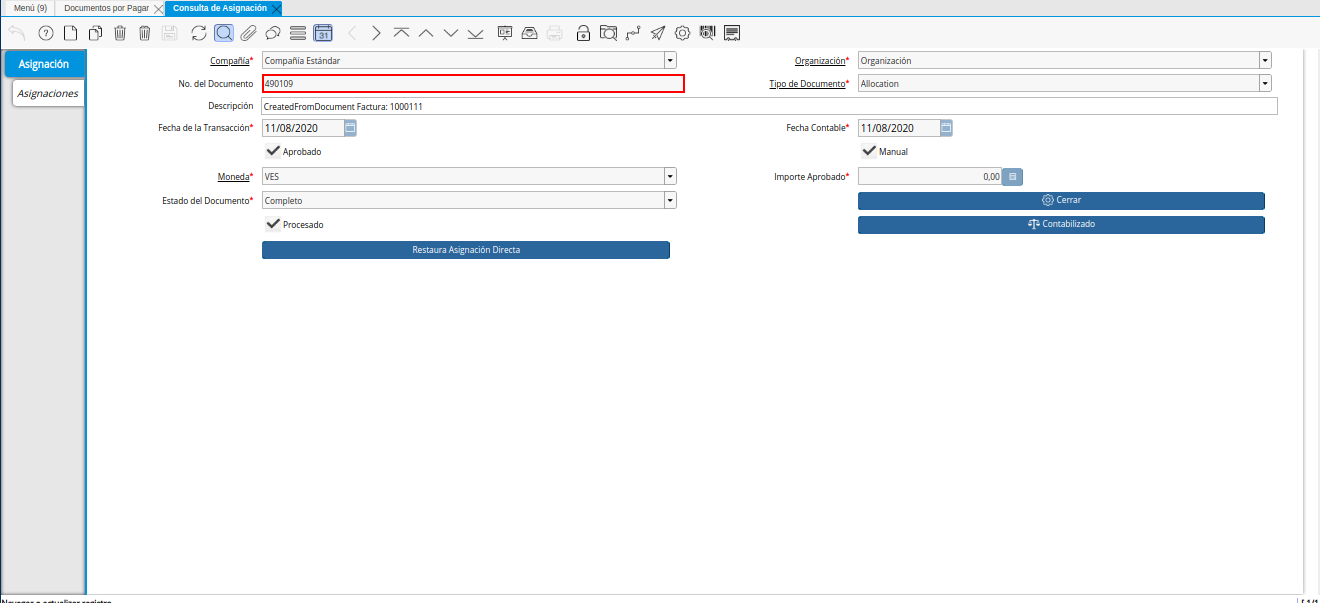 Registro de Asignación de Nota de débito de CxP