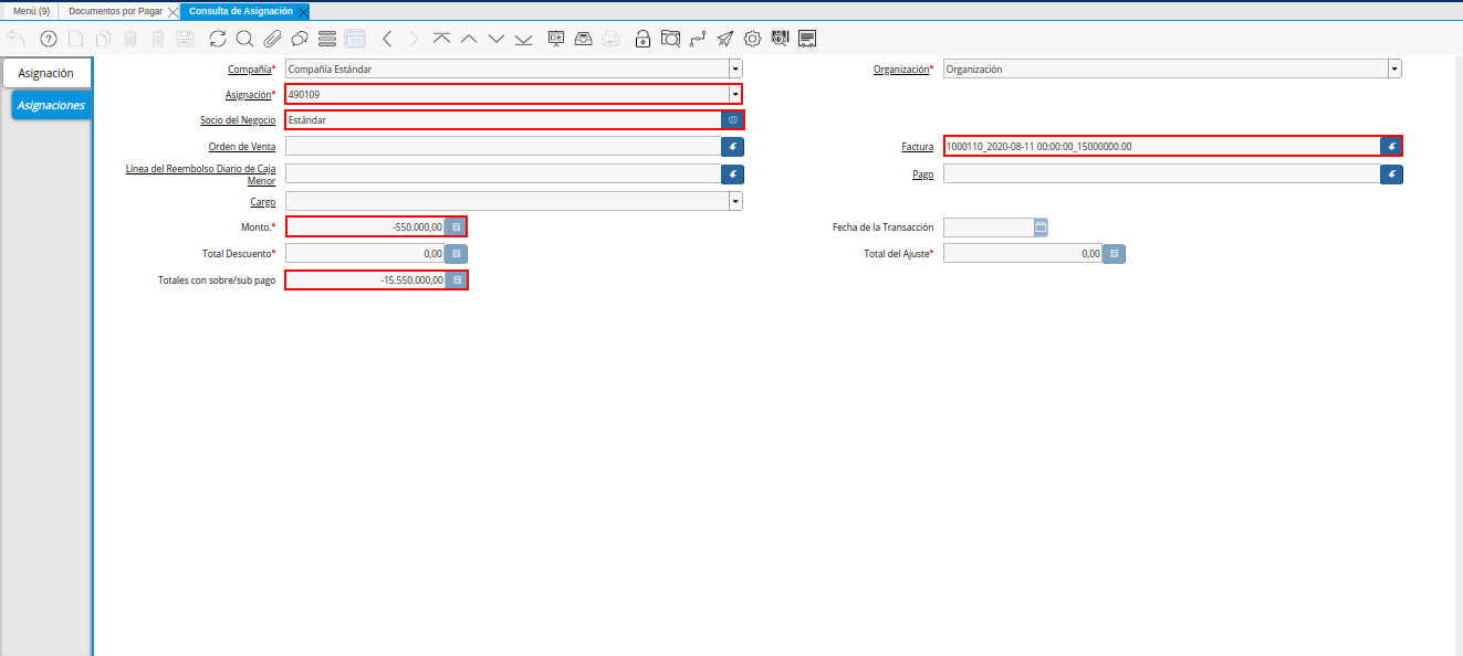 Pestaña Asignaciones de Nota de débito de CxP