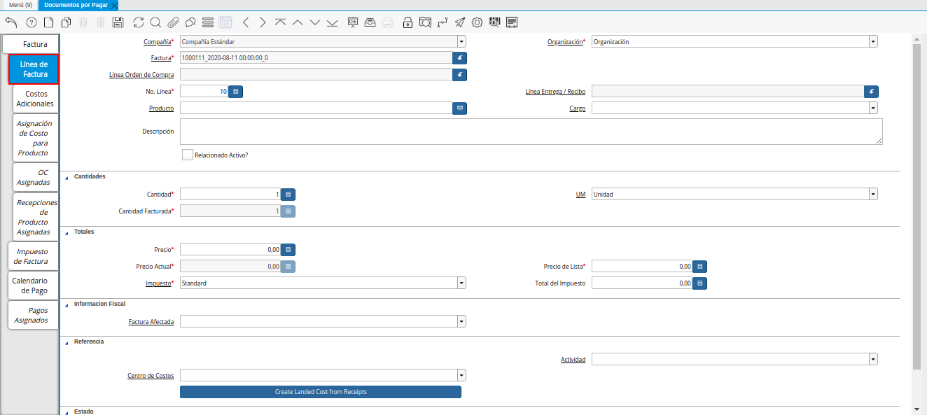 Pestaña Línea de la Factura de la Nota de débito de CxP