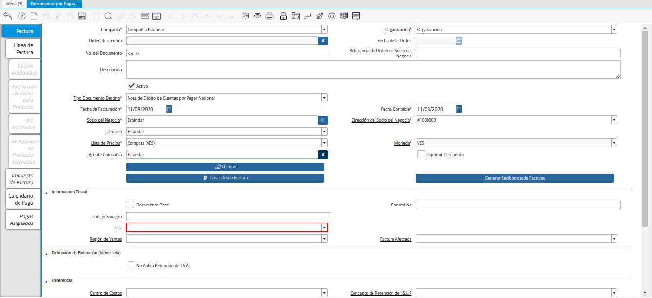 Campo Lista de la Nota de Débito de CxP