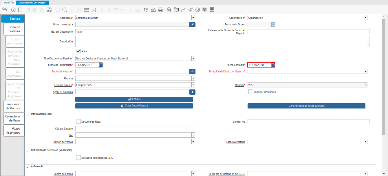 Campo Fecha Contable de la Nota de Débito de CxP