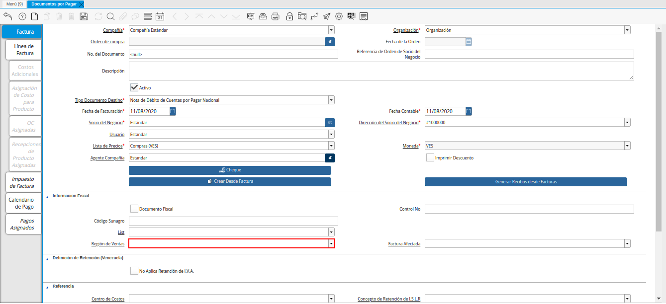 Campo Región de Ventas de la Nota de Débito de CxP
