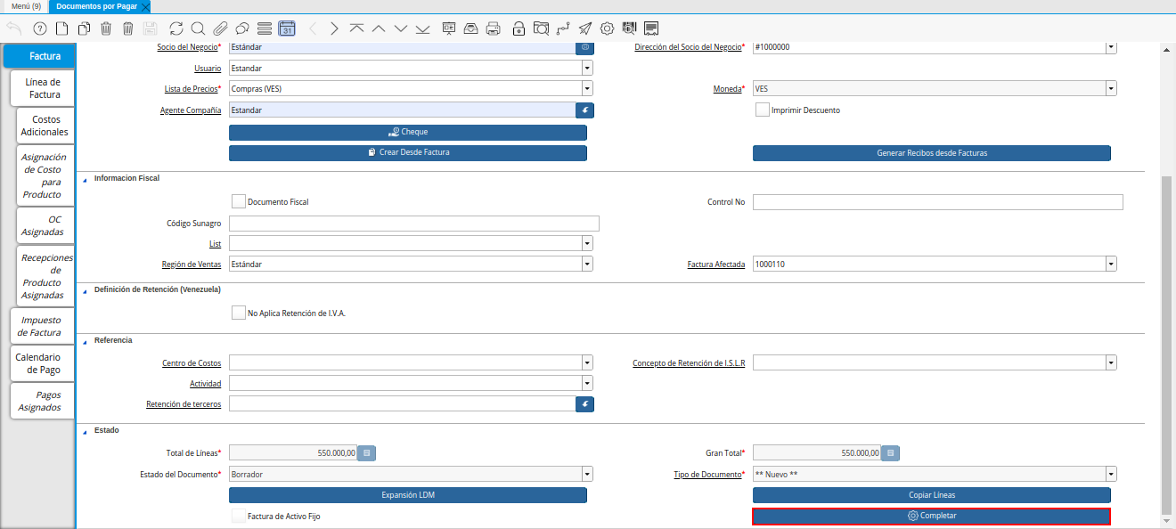 Opción Completar de la Nota de débito de CxP