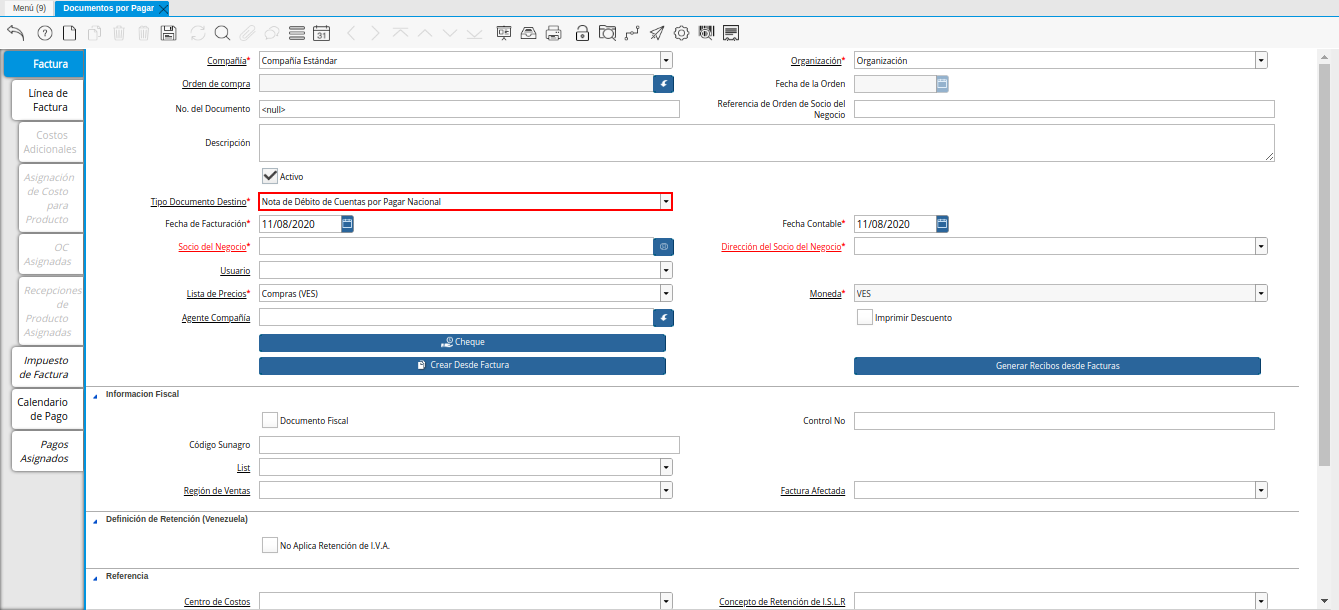 Campo Tipo de Documento Destino de la Nota de Débito de CxP
