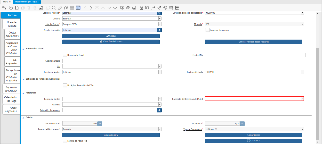 Campo Concepto de Retención de ISLR de la Nota de Débito de CxP