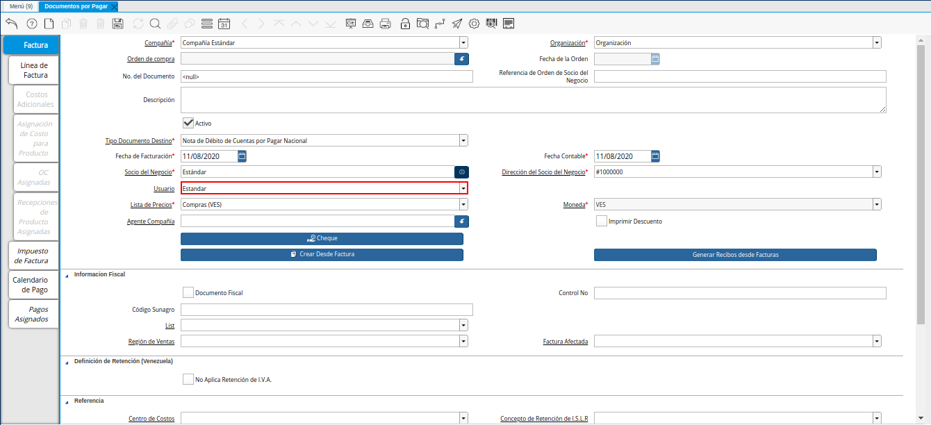 Campo Usuario de la Nota de Débito de CxP