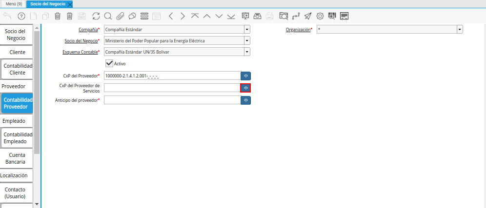 Campo CxP del Proveedor de Servicios