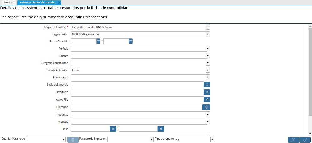 Ventana Asientos Diarios de Contabilidad