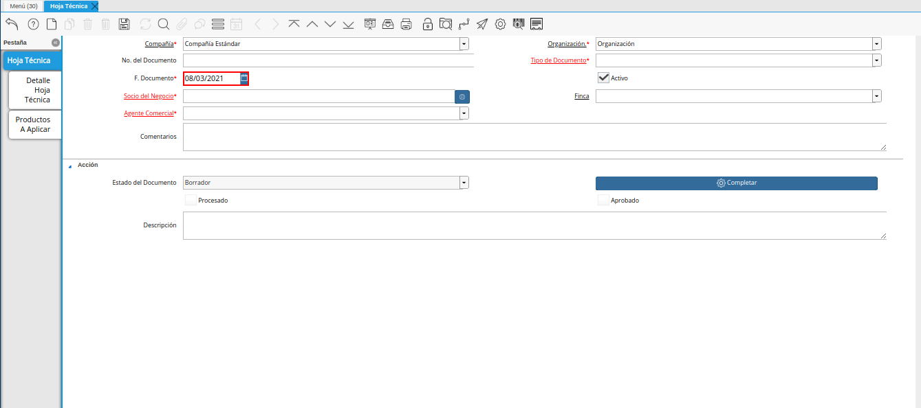 campo fecha documento de la ventana hoja técnica