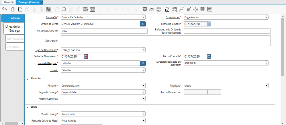 Campo Fecha del Movimiento de la Ventana Entregas Cliente