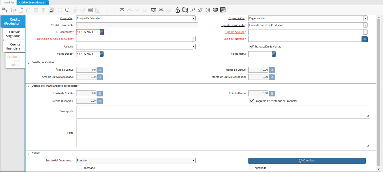campo fecha del documento de la ventana crédito del productor