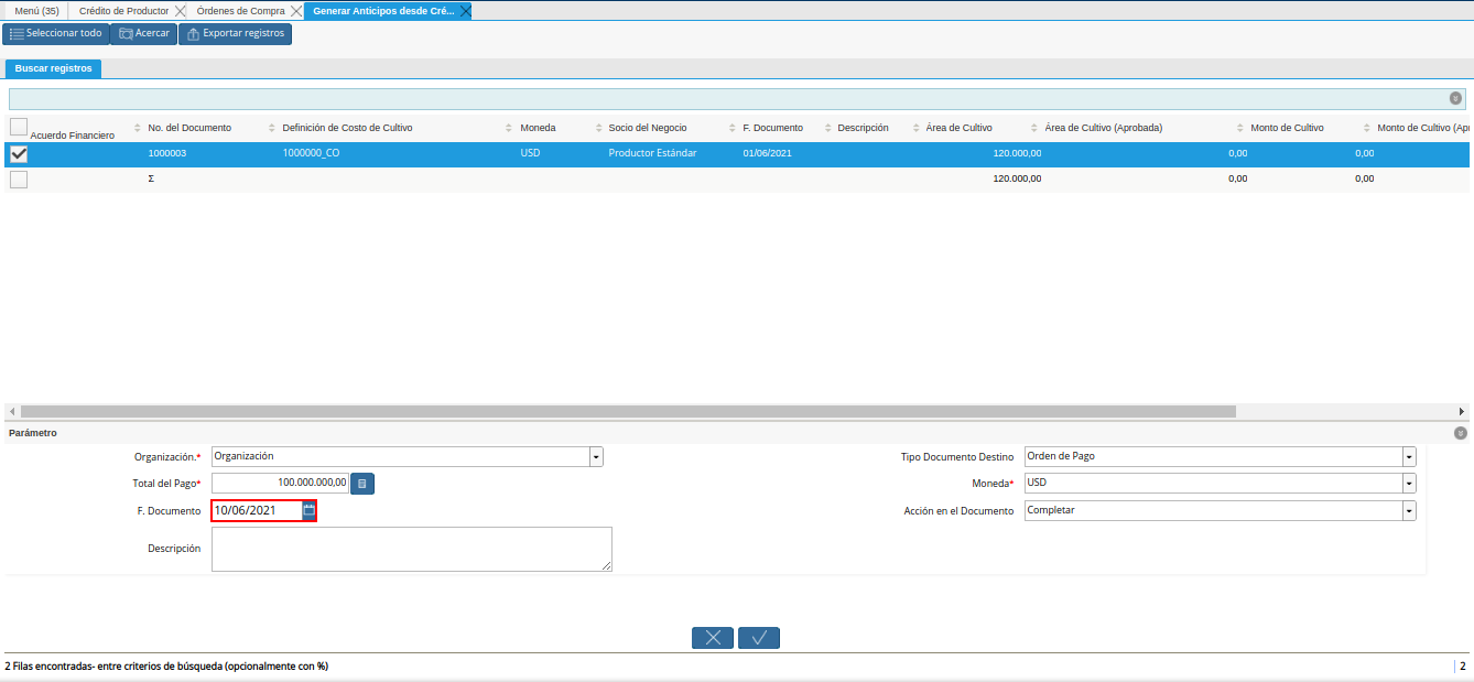 campo fecha del documento para generar anticipos desde crédito al productor