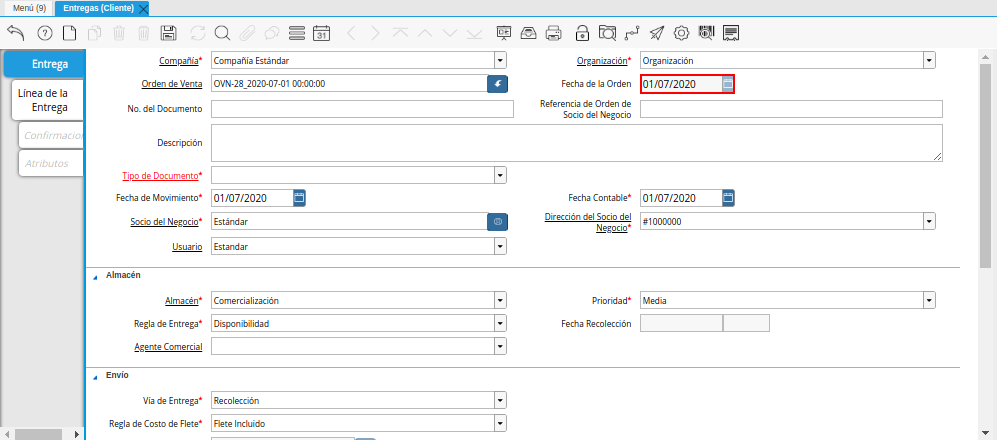Campo Fecha de la Orden de la Ventana Entregas Cliente