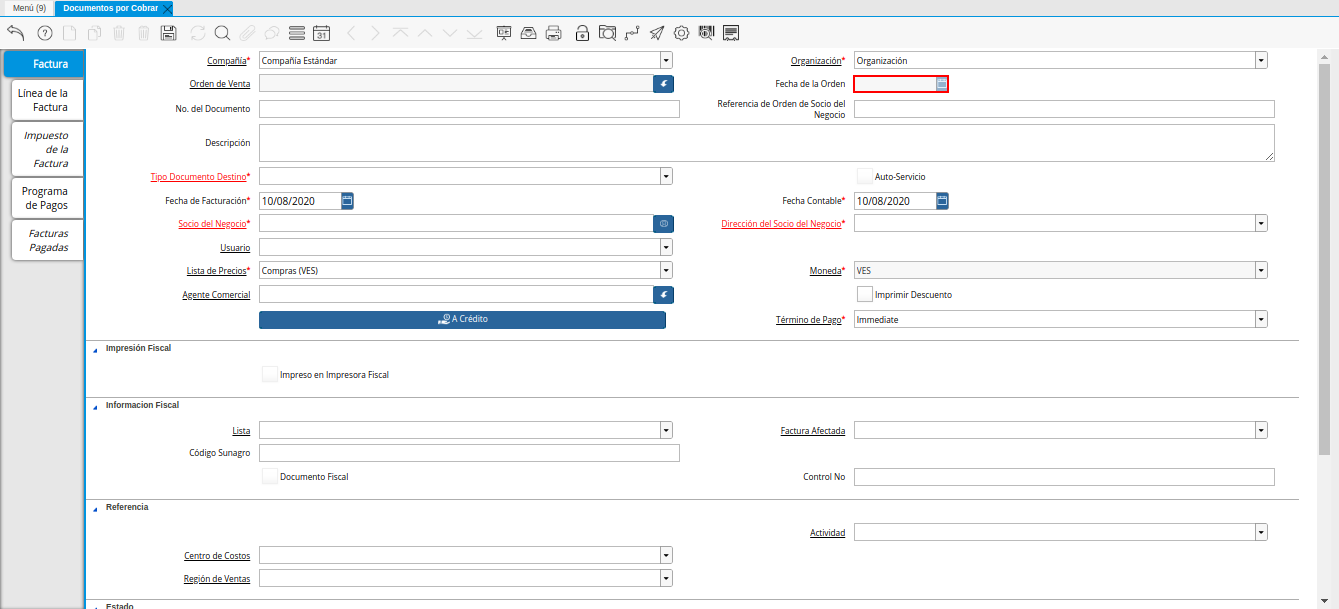 Campo Fecha de la Orden de la Ventana Documentos por Cobrar