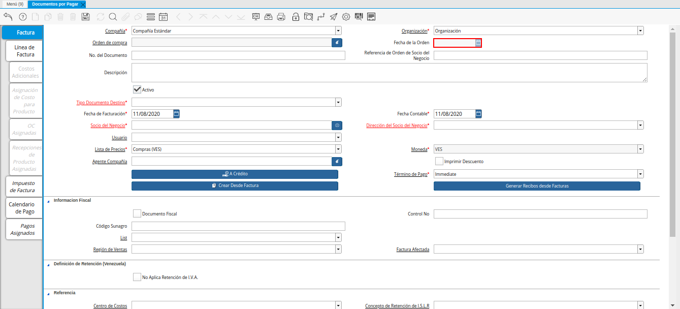 Campo Fecha de la Orden de la Nota de Débito de CxP
