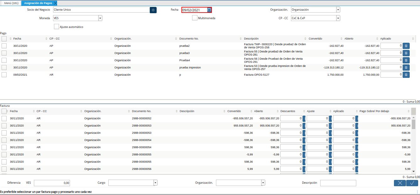 campo fecha de la ventana asignación de pagos