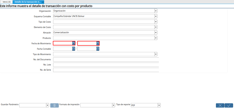 Campo Fecha de Movimiento de la Ventana Detalle de la Transacción de Costos